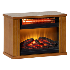 Electric fireplace heater with a wood finish, featuring realistic glowing embers and adjustable heat settings.