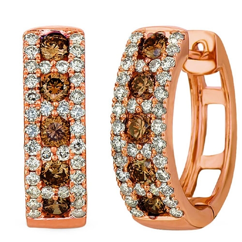 A pair of rose gold hoop earrings featuring two rows of small white diamonds and a central row of larger brown diamonds.