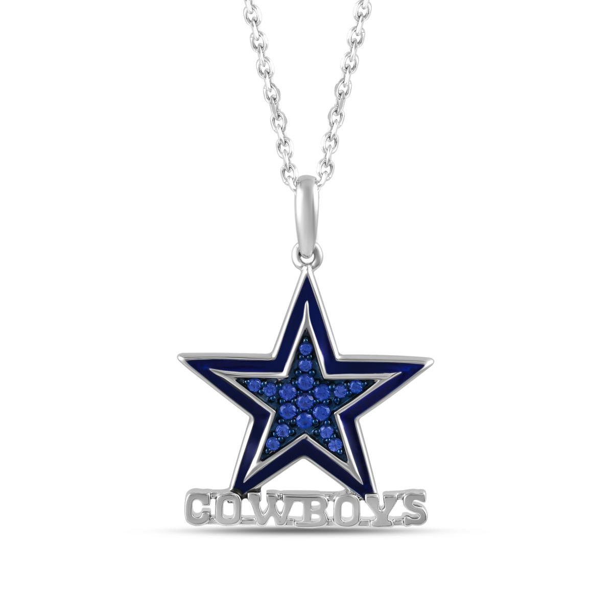 A pendant necklace featuring a blue star design, embellished with blue stones, and the word \“COWBOYS\“ in silver beneath it, representing the Dallas Cowboys NFL team.