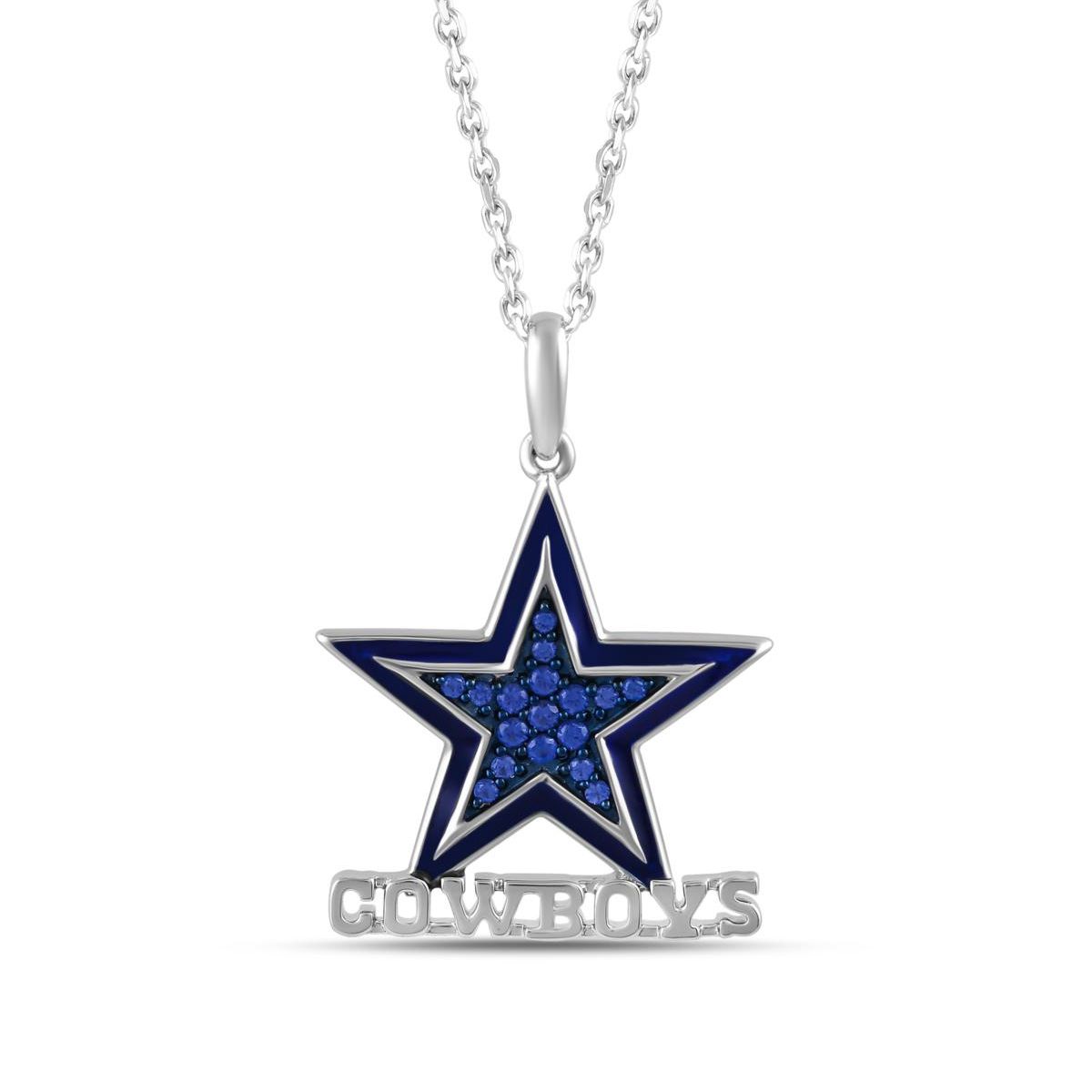A pendant necklace featuring a blue star design, embellished with blue stones, and the word \“COWBOYS\“ in silver beneath it, representing the Dallas Cowboys NFL team.