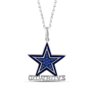 A pendant necklace featuring a blue star design, embellished with blue stones, and the word \“COWBOYS\“ in silver beneath it, representing the Dallas Cowboys NFL team.