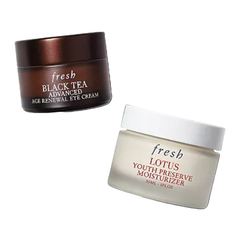 Fresh Renew Your Radiance Set includes Black Tea Age Renewal Eye Cream and Lotus Youth Preserve Moisturizer.