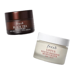Fresh Renew Your Radiance Set includes Black Tea Age Renewal Eye Cream and Lotus Youth Preserve Moisturizer.