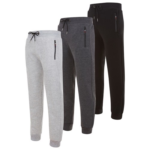 A set of three pairs of joggers in light gray, dark gray, and black, all featuring an elastic waist with drawstrings and zippered side pockets.