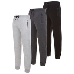 A set of three pairs of joggers in light gray, dark gray, and black, all featuring an elastic waist with drawstrings and zippered side pockets.
