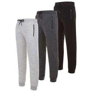 A set of three pairs of joggers in light gray, dark gray, and black, all featuring an elastic waist with drawstrings and zippered side pockets.