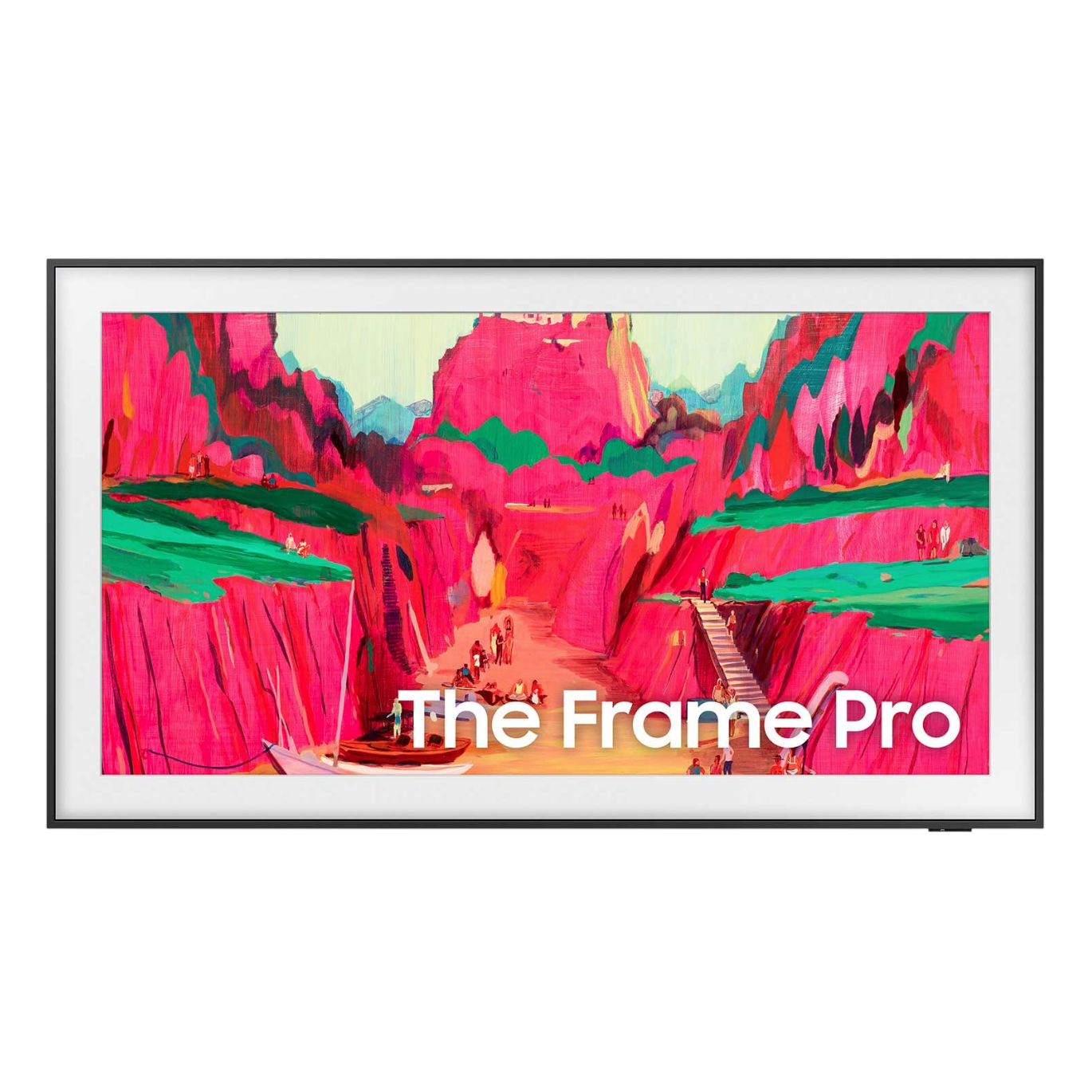 A digital display with an art piece featuring vibrant pink and green landscapes. The text \“The Frame Pro\“ is visible on the screen.
