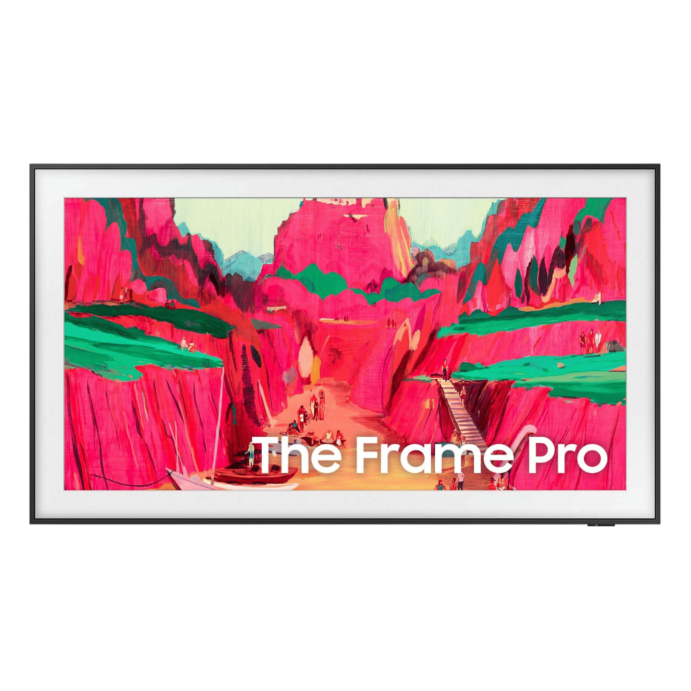A digital display with an art piece featuring vibrant pink and green landscapes. The text \“The Frame Pro\“ is visible on the screen.