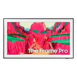 A digital display with an art piece featuring vibrant pink and green landscapes. The text \“The Frame Pro\“ is visible on the screen.