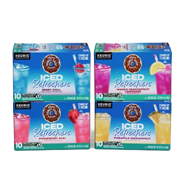 40ct Keurig Iced Refreshers K-Cups include four flavors: Berry Chill, Strawberry Açaí, Mango Dragonfruit Lemonade, and Pineapple Passionfruit. Each box contains 10 K-Cups designed for iced drinks.