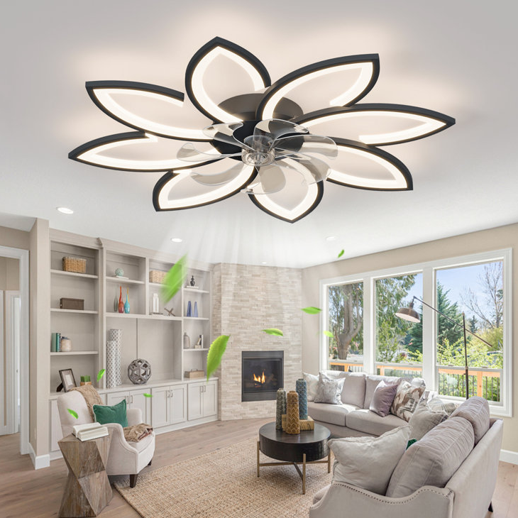 Ceiling fan with flower-shaped blades and integrated lighting mounted in a modern living room.