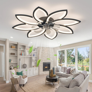 Ceiling fan with flower-shaped blades and integrated lighting mounted in a modern living room.