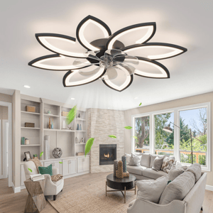 Ceiling fan with flower-shaped blades and integrated lighting mounted in a modern living room.