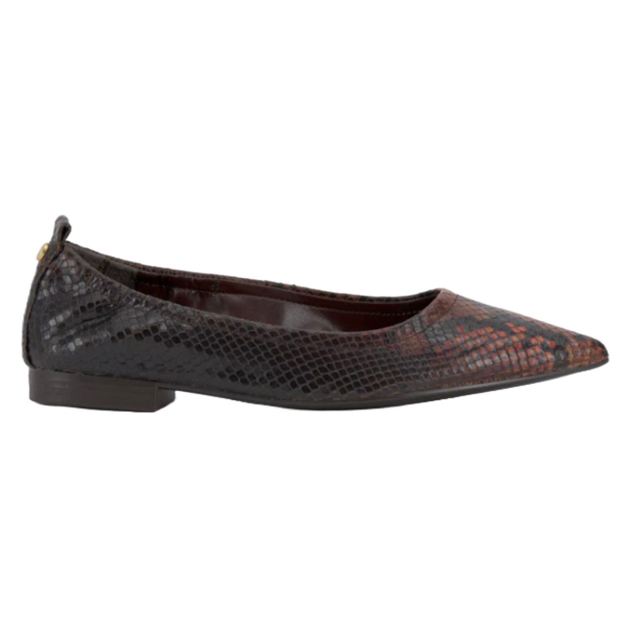 A black pointed-toe flat shoe with a textured reptile-skin pattern.