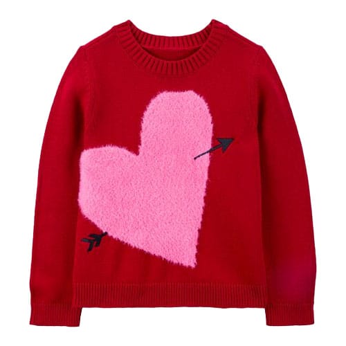 A red sweater with a large pink heart on the front.