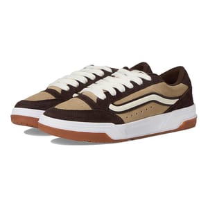 Vans Hylane Sneakers feature brown and beige suede uppers with white laces and a signature side stripe. They have a white and gum rubber sole for a classic look.