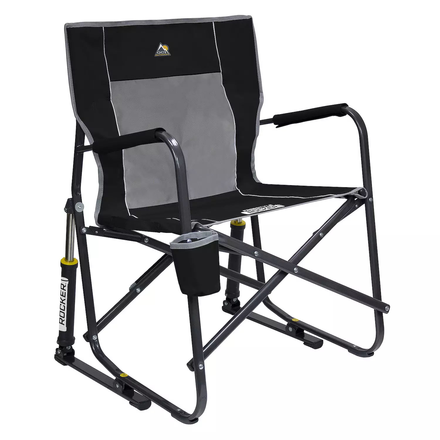 GCI Freestyle Rocker is a compact, portable rocking chair with a sturdy metal frame, fabric seat, and armrests. It features a cup holder and spring-action rocking technology.