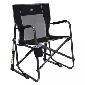 GCI Freestyle Rocker is a compact, portable rocking chair with a sturdy metal frame, fabric seat, and armrests. It features a cup holder and spring-action rocking technology.