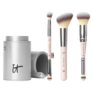 4pc IT Cosmetics Makeup Brush Set includes a sleek silver brush holder and three brushes labeled 30, 04, and 07, featuring soft bristles with metal and pink handles.