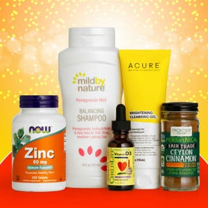 A variety of health and beauty items including zinc tablets, vitamin D3 drops, balancing shampoo, cleansing gel, and cinnamon spice.