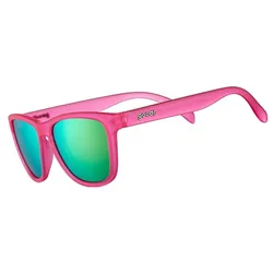 Pink sunglasses with green reflective lenses and the brand name \“goodr\“ on the arm.