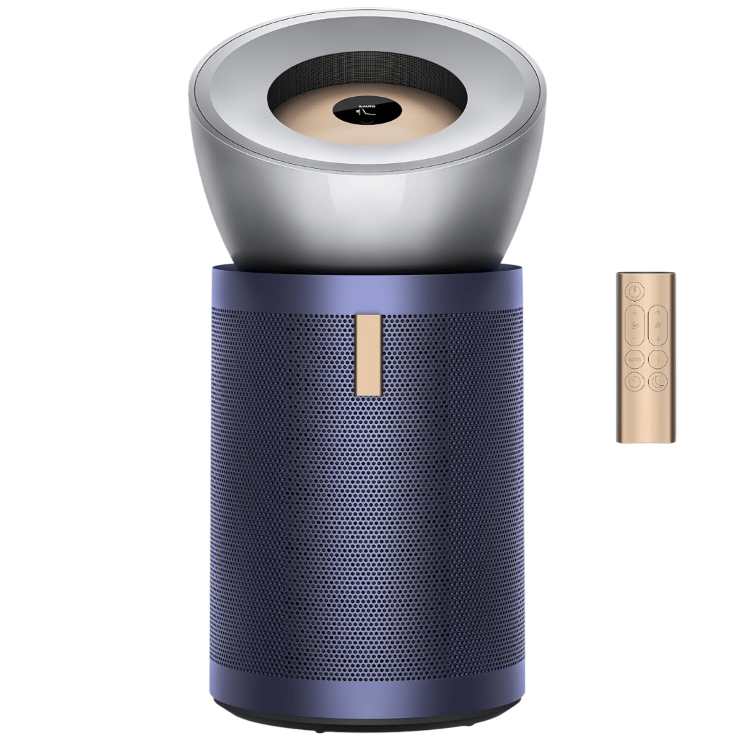 A sleek, modern air purifier with a circular top and a perforated cylindrical base, accompanied by a remote control.