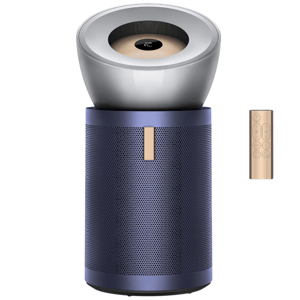 A sleek, modern air purifier with a circular top and a perforated cylindrical base, accompanied by a remote control.
