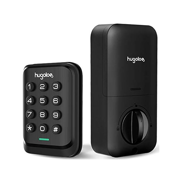 Smart lock set with keypad and black finish, featuring number keys and lock/unlock functionality. Suitable for enhanced security and convenient access.