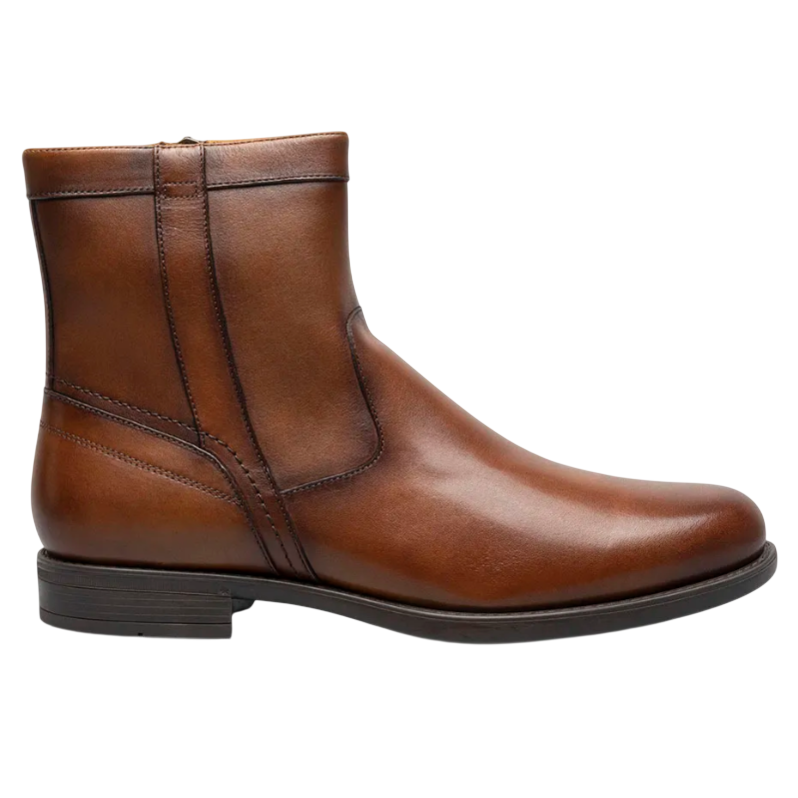 A brown leather ankle boot with a side zipper and a low stacked heel.