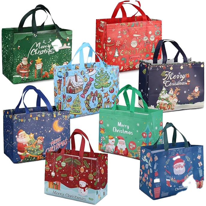 The 8pk Christmas Gift Totes feature festive designs with Christmas themes, including Santa, snowmen, and Christmas trees. They come in various colors with \“Merry Christmas\“ text, offering a reusable option for holiday gift-giving.