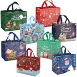 The 8pk Christmas Gift Totes feature festive designs with Christmas themes, including Santa, snowmen, and Christmas trees. They come in various colors with \“Merry Christmas\“ text, offering a reusable option for holiday gift-giving.