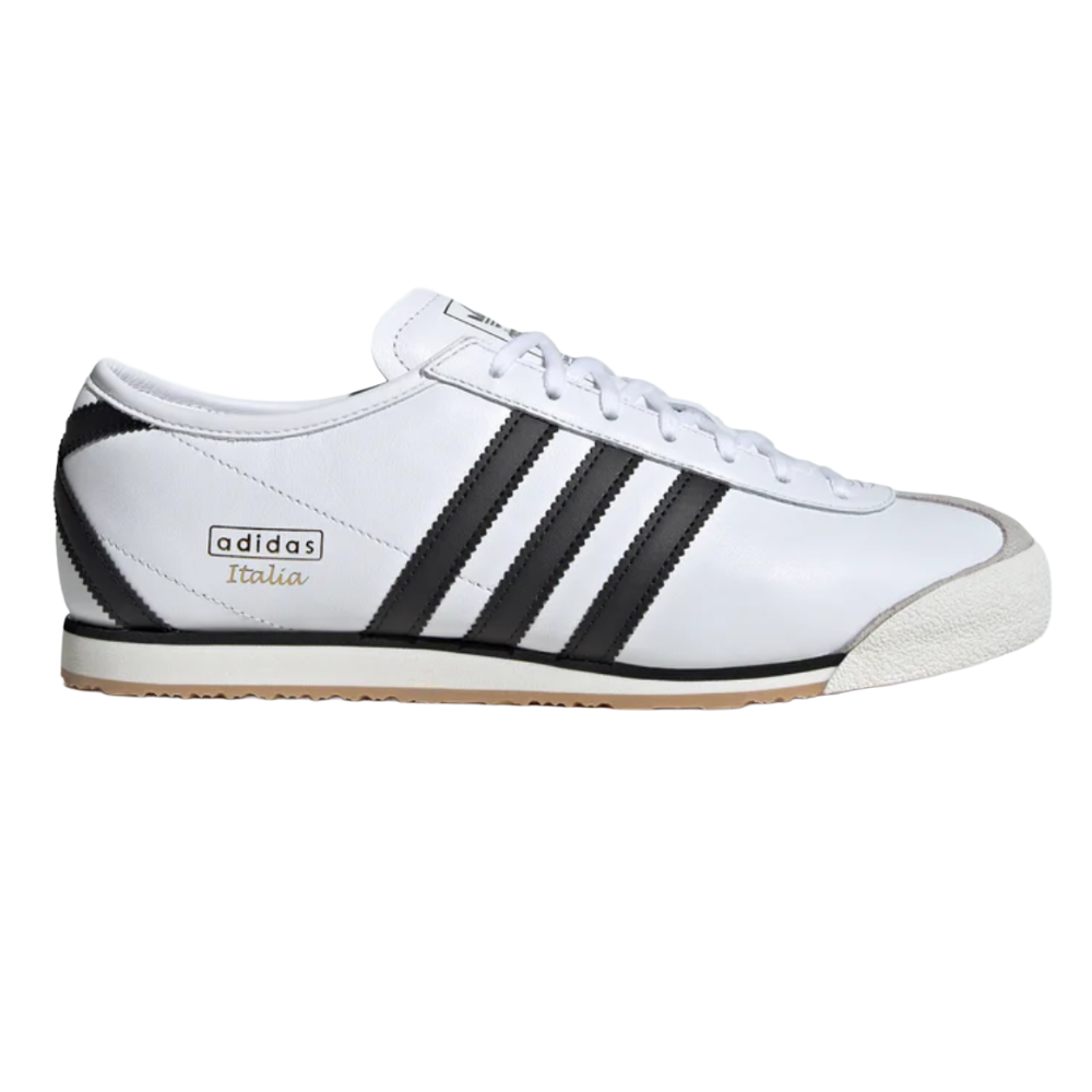Adidas Italia sneaker features a classic white leather design with black three-stripe detailing and a rubber sole.