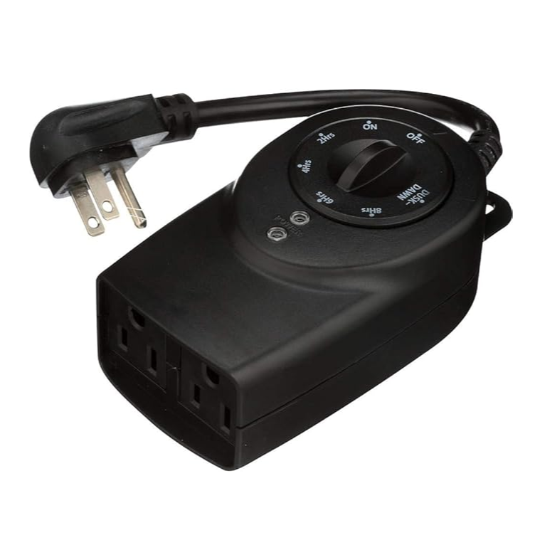 A black outdoor plug-in timer with a dial for setting various time intervals, featuring two grounded outlets and a power plug for controlling electrical devices based on a schedule.