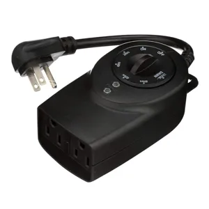 A black outdoor plug-in timer with a dial for setting various time intervals, featuring two grounded outlets and a power plug for controlling electrical devices based on a schedule.
