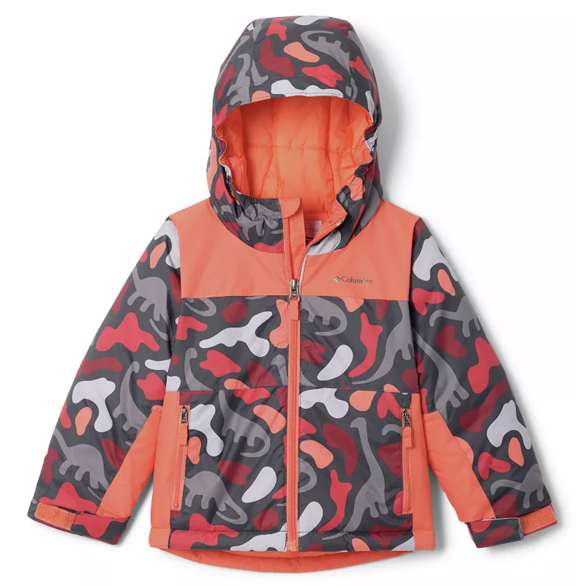 A children's hooded winter jacket features a colorful, abstract camouflage pattern with shades of orange, red, gray, and white, and includes a full zip front and zippered pockets.