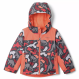 A children's hooded winter jacket features a colorful, abstract camouflage pattern with shades of orange, red, gray, and white, and includes a full zip front and zippered pockets.