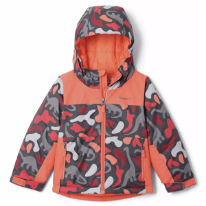 A children's hooded winter jacket features a colorful, abstract camouflage pattern with shades of orange, red, gray, and white, and includes a full zip front and zippered pockets.