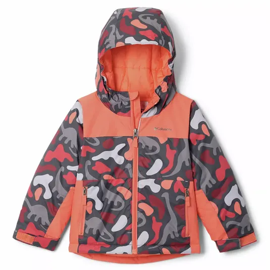 A children's hooded winter jacket features a colorful, abstract camouflage pattern with shades of orange, red, gray, and white, and includes a full zip front and zippered pockets.