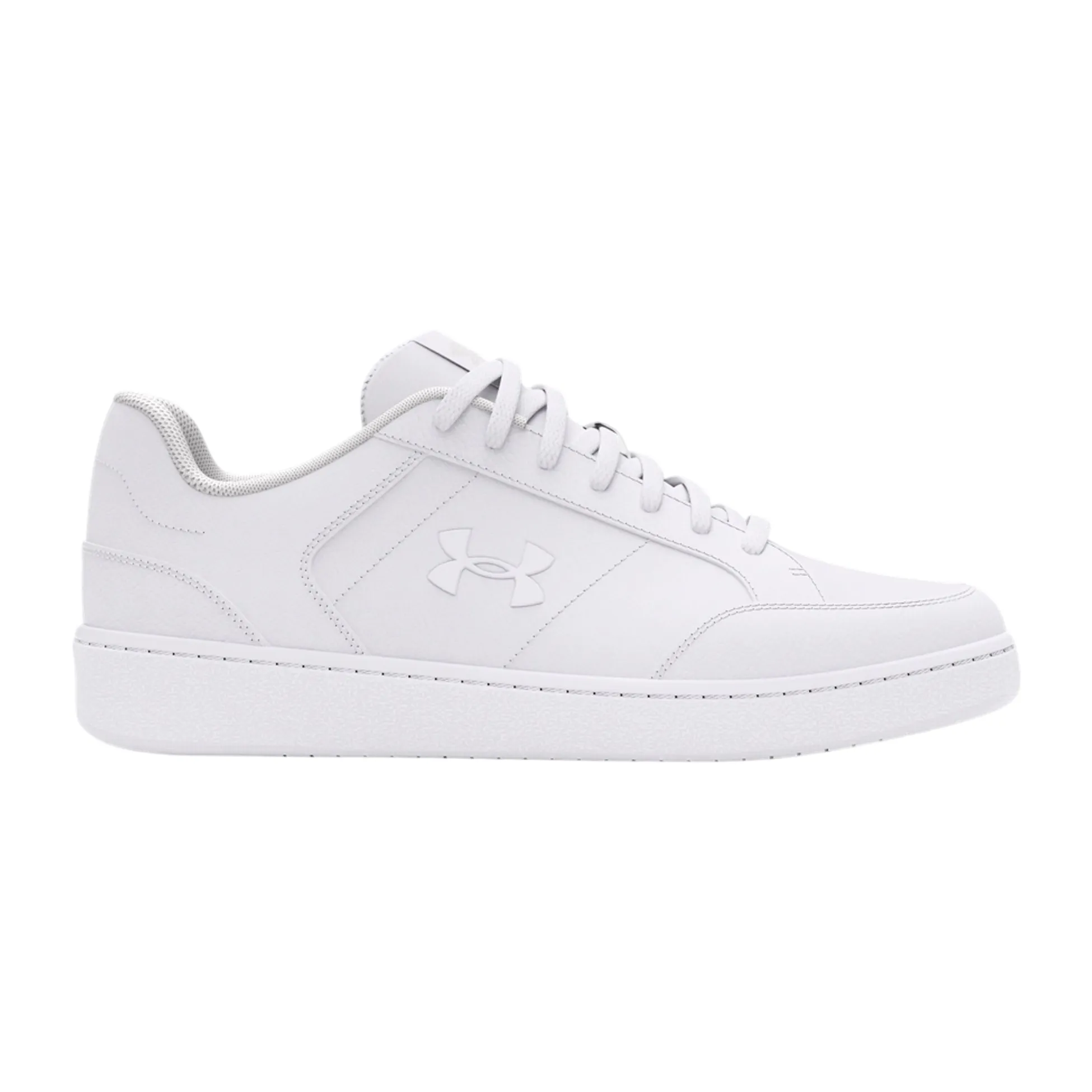 A white Under Armour casual sneaker featuring the brand's logo on the side, with a low-top design and lace-up closure.