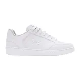 A white Under Armour casual sneaker featuring the brand's logo on the side, with a low-top design and lace-up closure.