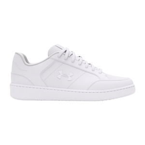 A white Under Armour casual sneaker featuring the brand's logo on the side, with a low-top design and lace-up closure.