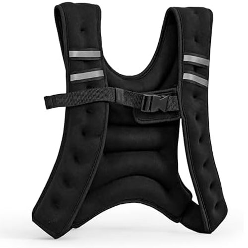 Black weighted vest with padded straps and a central buckle, designed for exercise and fitness.