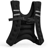 Black weighted vest with padded straps and a central buckle, designed for exercise and fitness.