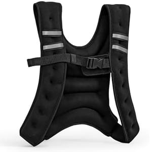 Black weighted vest with padded straps and a central buckle, designed for exercise and fitness.