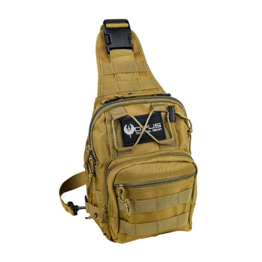 A tan tactical sling bag with multiple pockets and MOLLE webbing on the front and sides.