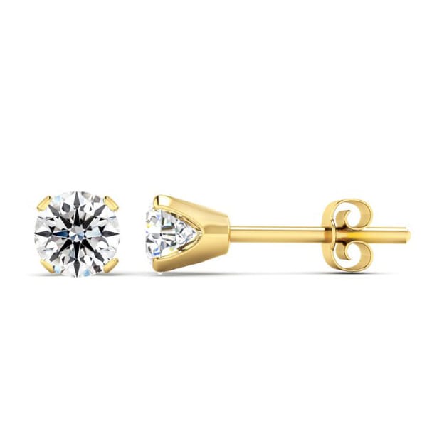 Yellow gold stud earrings featuring 1/2 carat round-cut diamonds in a prong setting, with a classic post and butterfly back design.