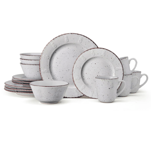 The 16-piece Pfaltzgraff Dinnerware Set includes stoneware in an off-white, speckled pattern with a subtle embossed design. It comprises four each of dinner plates, salad plates, bowls, and mugs, featuring rustic charm suitable for casual dining.