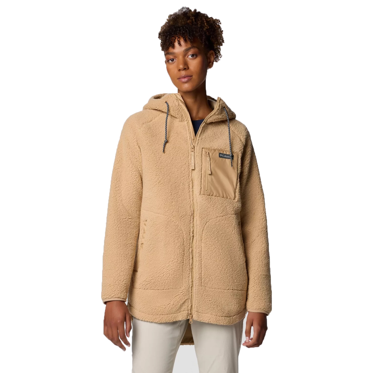 Tan-colored fleece jacket with a hood and a zip-up front, featuring a chest pocket with a flap and drawstring cords.