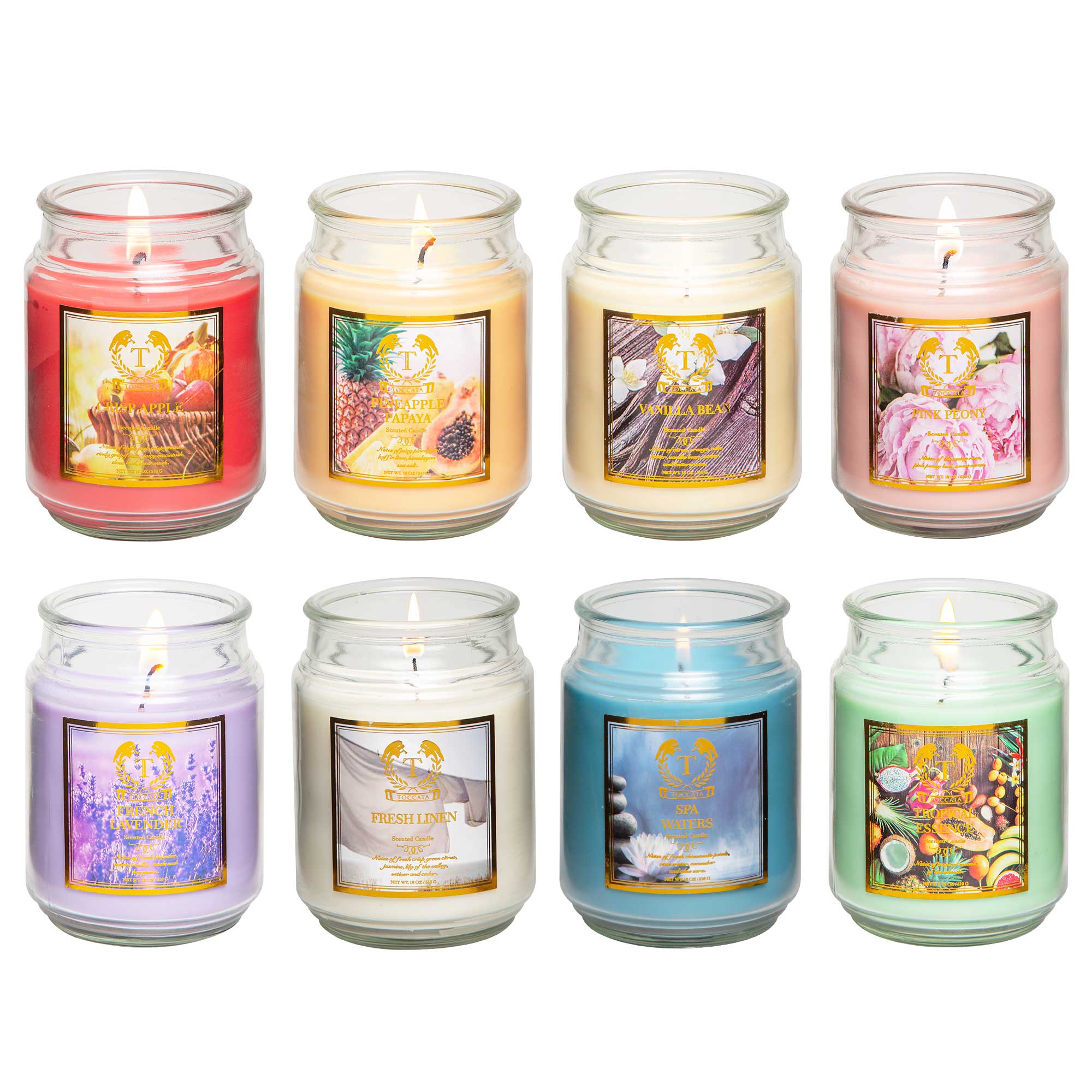 Eight scented candles in glass jars with lit wicks, featuring various colors and labeled with different fragrances.
