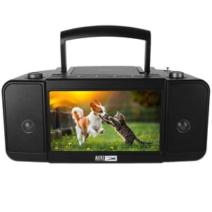 A portable boombox with speakers featuring a display screen showing an image of a playful dog and cat outdoors. The brand logo, Altec Lansing, is visible on the front.